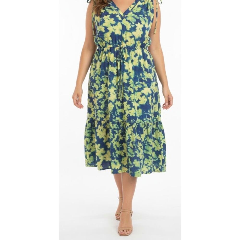 Calvin Klein Size 14 Blue Floral Sheath Dress Yellow Flowers Career EUC - Picture 2 of 9